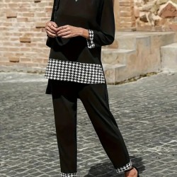 Kadın Uzun Kollu Yuvarlak Yakalı Kaz Ayağı Detaylı Viskon Iki Iplik Bluz Ve Pantolon Ikili Takım , 28717 Kadın Uzun Kollu Yuvarlak Yakalı Kaz Ayağı Detaylı Viskon Iki Iplik Bluz Ve Pantolon Ikili Takım , 28717