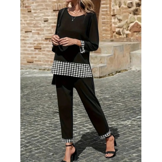 Kadın Uzun Kollu Yuvarlak Yakalı Kaz Ayağı Detaylı Viskon Iki Iplik Bluz Ve Pantolon Ikili Takım , 28717 Kadın Uzun Kollu Yuvarlak Yakalı Kaz Ayağı Detaylı Viskon Iki Iplik Bluz Ve Pantolon Ikili Takım , 28717