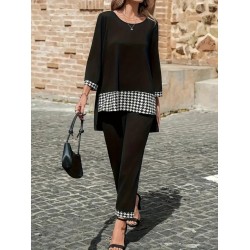 Kadın Uzun Kollu Yuvarlak Yakalı Kaz Ayağı Detaylı Viskon Iki Iplik Bluz Ve Pantolon Ikili Takım , 28717 Kadın Uzun Kollu Yuvarlak Yakalı Kaz Ayağı Detaylı Viskon Iki Iplik Bluz Ve Pantolon Ikili Takım , 28717