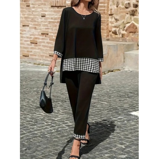 Kadın Uzun Kollu Yuvarlak Yakalı Kaz Ayağı Detaylı Viskon Iki Iplik Bluz Ve Pantolon Ikili Takım , 28717 Kadın Uzun Kollu Yuvarlak Yakalı Kaz Ayağı Detaylı Viskon Iki Iplik Bluz Ve Pantolon Ikili Takım , 28717