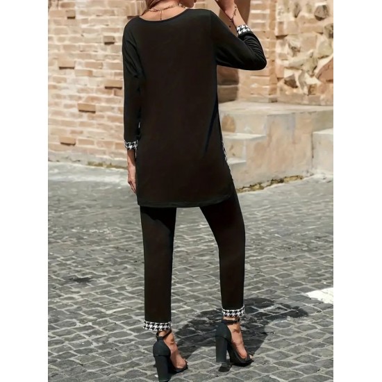 Kadın Uzun Kollu Yuvarlak Yakalı Kaz Ayağı Detaylı Viskon Iki Iplik Bluz Ve Pantolon Ikili Takım , 28717 Kadın Uzun Kollu Yuvarlak Yakalı Kaz Ayağı Detaylı Viskon Iki Iplik Bluz Ve Pantolon Ikili Takım , 28717