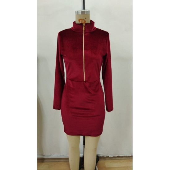 Kadın Uzun Kollu Balıkçı Yaka Yakadan Göğüse Kadar Fermuar Detaylı Mini Kadife Elbise, 28714 Kadın Uzun Kollu Balıkçı Yaka Yakadan Göğüse Kadar Fermuar Detaylı Mini Kadife Elbise, 28714