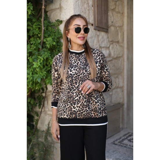 Kadın Uzun Kollu Bisiklet Yaka Leopar Desenli Iki Iplik Bluz Ve Viskon Iki Iplik Pantolon Ikili Takım , 28738 Kadın Uzun Kollu Bisiklet Yaka Leopar Desenli Iki Iplik Bluz Ve Viskon Iki Iplik Pantolon Ikili Takım , 28738
