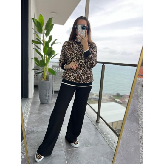 Kadın Uzun Kollu Bisiklet Yaka Leopar Desenli Iki Iplik Bluz Ve Viskon Iki Iplik Pantolon Ikili Takım , 28738 Kadın Uzun Kollu Bisiklet Yaka Leopar Desenli Iki Iplik Bluz Ve Viskon Iki Iplik Pantolon Ikili Takım , 28738