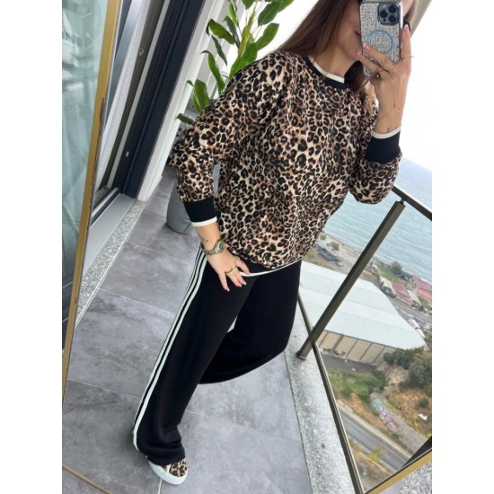 Kadın Uzun Kollu Bisiklet Yaka Leopar Desenli Iki Iplik Bluz Ve Viskon Iki Iplik Pantolon Ikili Takım , 28738 Kadın Uzun Kollu Bisiklet Yaka Leopar Desenli Iki Iplik Bluz Ve Viskon Iki Iplik Pantolon Ikili Takım , 28738