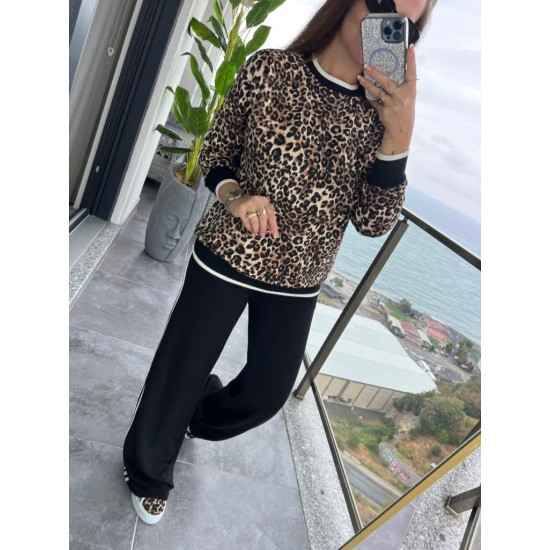 Kadın Uzun Kollu Bisiklet Yaka Leopar Desenli Iki Iplik Bluz Ve Viskon Iki Iplik Pantolon Ikili Takım , 28738 Kadın Uzun Kollu Bisiklet Yaka Leopar Desenli Iki Iplik Bluz Ve Viskon Iki Iplik Pantolon Ikili Takım , 28738