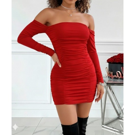 Kadın Uzun Kollu Omuzlardan Açık Takma Kollu Büzgülü Sandy Kısa Elbise , 28737 Kadın Uzun Kollu Omuzlardan Açık Takma Kollu Büzgülü Sandy Kısa Elbise , 28737