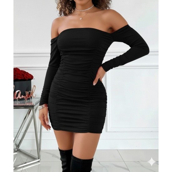 Kadın Uzun Kollu Omuzlardan Açık Takma Kollu Büzgülü Sandy Kısa Elbise , 28736 Kadın Uzun Kollu Omuzlardan Açık Takma Kollu Büzgülü Sandy Kısa Elbise , 28736