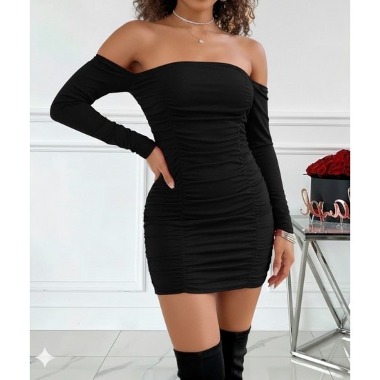 Kadın Uzun Kollu Omuzlardan Açık Takma Kollu Büzgülü Sandy Kısa Elbise , 28736 Kadın Uzun Kollu Omuzlardan Açık Takma Kollu Büzgülü Sandy Kısa Elbise , 28736