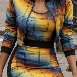 Kadın Uzun Kollu Askılı Yuvarlak Yaka Desenli Dalgıç Bluz Ceket Ve Etek üçlü Takım , 28734