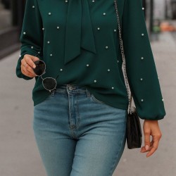 Kadın Uzun Kollu Yakadan Fiyonklu Incili Ithal Krep Bluz, 28740 Kadın Uzun Kollu Yakadan Fiyonklu Incili Ithal Krep Bluz, 28740