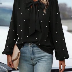 Kadın Uzun Kollu Yakadan Fiyonklu Incili Ithal Krep Bluz, 28739 Kadın Uzun Kollu Yakadan Fiyonklu Incili Ithal Krep Bluz, 28739