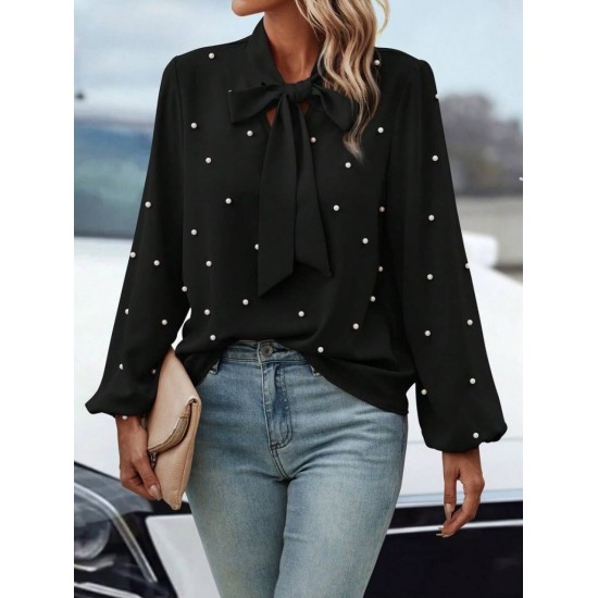 Kadın Uzun Kollu Yakadan Fiyonklu Incili Ithal Krep Bluz, 28739 Kadın Uzun Kollu Yakadan Fiyonklu Incili Ithal Krep Bluz, 28739