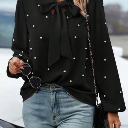 Kadın Uzun Kollu Yakadan Fiyonklu Incili Ithal Krep Bluz, 28739 Kadın Uzun Kollu Yakadan Fiyonklu Incili Ithal Krep Bluz, 28739