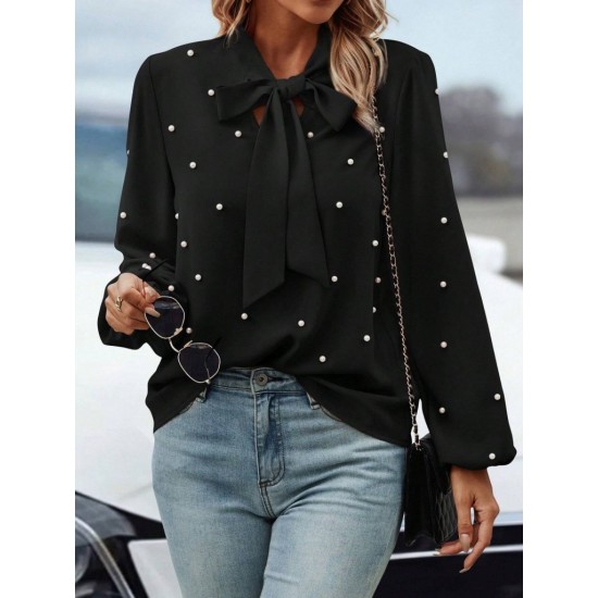 Kadın Uzun Kollu Yakadan Fiyonklu Incili Ithal Krep Bluz, 28739 Kadın Uzun Kollu Yakadan Fiyonklu Incili Ithal Krep Bluz, 28739