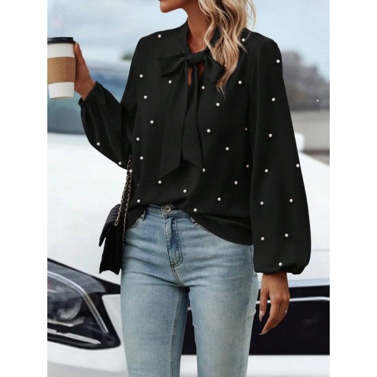 Kadın Uzun Kollu Yakadan Fiyonklu Incili Ithal Krep Bluz, 28739 Kadın Uzun Kollu Yakadan Fiyonklu Incili Ithal Krep Bluz, 28739