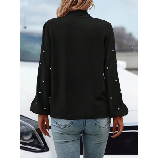 Kadın Uzun Kollu Yakadan Fiyonklu Incili Ithal Krep Bluz, 28739 Kadın Uzun Kollu Yakadan Fiyonklu Incili Ithal Krep Bluz, 28739