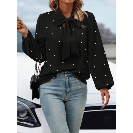 Kadın Uzun Kollu Yakadan Fiyonklu Incili Ithal Krep Bluz, 28739 Kadın Uzun Kollu Yakadan Fiyonklu Incili Ithal Krep Bluz, 28739