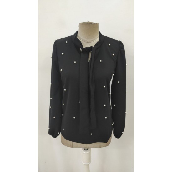 Kadın Uzun Kollu Yakadan Fiyonklu Incili Ithal Krep Bluz, 28739 Kadın Uzun Kollu Yakadan Fiyonklu Incili Ithal Krep Bluz, 28739