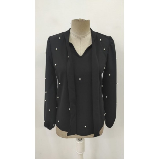 Kadın Uzun Kollu Yakadan Fiyonklu Incili Ithal Krep Bluz, 28739 Kadın Uzun Kollu Yakadan Fiyonklu Incili Ithal Krep Bluz, 28739