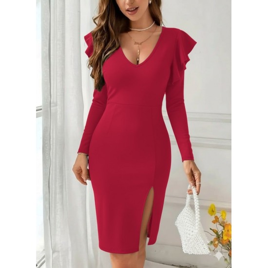 Kadın Uzun Kollu V Yakalı Yandan Yırtmaçlı Midi Ithal Krep Elbise, 28745 Kadın Uzun Kollu V Yakalı Yandan Yırtmaçlı Midi Ithal Krep Elbise, 28745