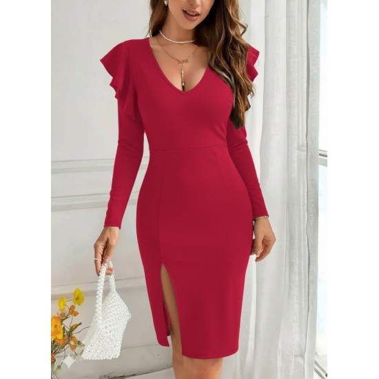 Kadın Uzun Kollu V Yakalı Yandan Yırtmaçlı Midi Ithal Krep Elbise, 28745 Kadın Uzun Kollu V Yakalı Yandan Yırtmaçlı Midi Ithal Krep Elbise, 28745