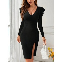 Kadın Uzun Kollu V Yakalı Yandan Yırtmaçlı Midi Ithal Krep Elbise , 28744 Kadın Uzun Kollu V Yakalı Yandan Yırtmaçlı Midi Ithal Krep Elbise , 28744