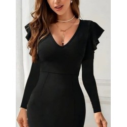 Kadın Uzun Kollu V Yakalı Yandan Yırtmaçlı Midi Ithal Krep Elbise , 28744 Kadın Uzun Kollu V Yakalı Yandan Yırtmaçlı Midi Ithal Krep Elbise , 28744