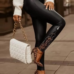 Kadın Yüksek Bel Yandan Yırtmaçlı Dantel Detaylı Deri Tayt, 28747 Kadın Yüksek Bel Yandan Yırtmaçlı Dantel Detaylı Deri Tayt, 28747