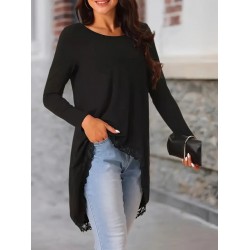 Kadın Uzun Kollu Bisiklet Yaka Asimetrik Kesim Detaylı Dantelli Viskon Bluz, 28758