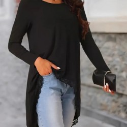 Kadın Uzun Kollu Bisiklet Yaka Asimetrik Kesim Detaylı Dantelli Viskon Bluz, 28758 Kadın Uzun Kollu Bisiklet Yaka Asimetrik Kesim Detaylı Dantelli Viskon Bluz, 28758