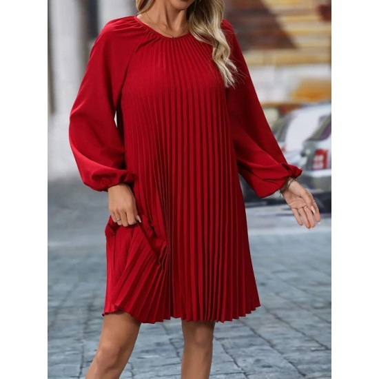 Kadın Uzun Kollu Yuvarlak Yaka Pileli Salaş Mini Ithal Krep Elbise, 28757 Kadın Uzun Kollu Yuvarlak Yaka Pileli Salaş Mini Ithal Krep Elbise, 28757