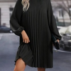 Kadın Uzun Kollu Yuvarlak Yaka Pileli Salaş Mini Ithal Krep Elbise, 28756 Kadın Uzun Kollu Yuvarlak Yaka Pileli Salaş Mini Ithal Krep Elbise, 28756