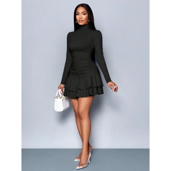 Kadın Uzun Kollu Balıkçı Yaka Mini Fırfırlı Sandy Elbise , 28484 Kadın Uzun Kollu Balıkçı Yaka Mini Fırfırlı Sandy Elbise , 28484