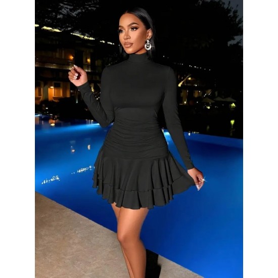 Kadın Uzun Kollu Balıkçı Yaka Mini Fırfırlı Sandy Elbise , 28484 Kadın Uzun Kollu Balıkçı Yaka Mini Fırfırlı Sandy Elbise , 28484