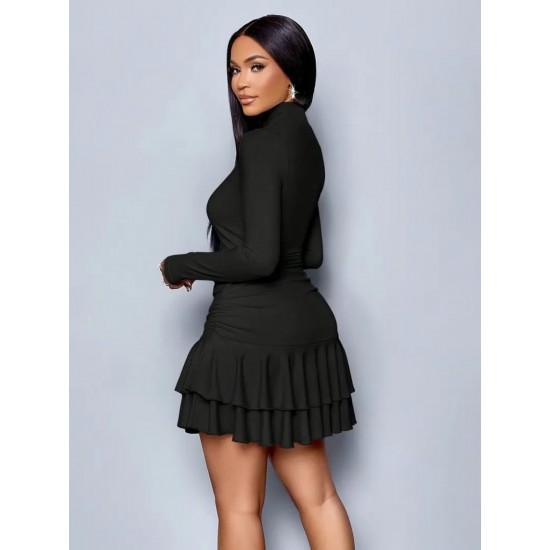 Kadın Uzun Kollu Balıkçı Yaka Mini Fırfırlı Sandy Elbise , 28484 Kadın Uzun Kollu Balıkçı Yaka Mini Fırfırlı Sandy Elbise , 28484