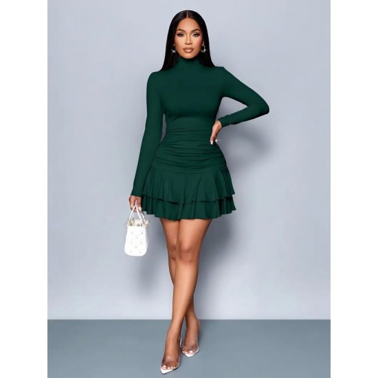 Kadın Uzun Kollu Balıkçı Yaka Mini Fırfırlı Sandy Elbise , 28482 Kadın Uzun Kollu Balıkçı Yaka Mini Fırfırlı Sandy Elbise , 28482