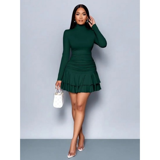 Kadın Uzun Kollu Balıkçı Yaka Mini Fırfırlı Sandy Elbise , 28482 Kadın Uzun Kollu Balıkçı Yaka Mini Fırfırlı Sandy Elbise , 28482