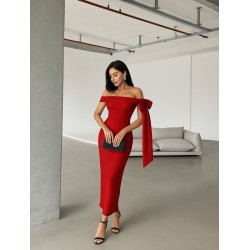 Kadın Omuz Dekolte Kurdele Detay Uzun Krep Elbise, 25986