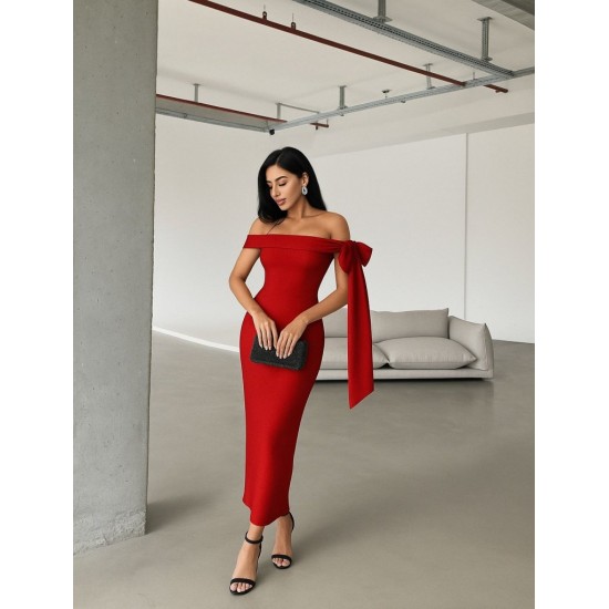 Kadın Omuz Dekolte Kurdele Detay Uzun Krep Elbise, 25986 Kadın Omuz Dekolte Kurdele Detay Uzun Krep Elbise, 25986