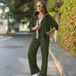 Kadın Uzun Kollu Kapşonlu Onu şerit Detaylı Fermuarlı Viskon Iki Iplik Bluz Ve Pantolon Ikili Takım, 28796