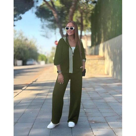 Kadın Uzun Kollu Kapşonlu Onu şerit Detaylı Fermuarlı Viskon Iki Iplik Bluz Ve Pantolon Ikili Takım, 28796