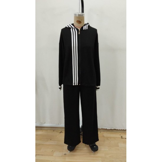 Kadın Uzun Kollu Kapşonlu Onu şerit Detaylı Fermuarlı Viskon Iki Iplik Bluz Ve Pantolon Ikili Takım, 28795