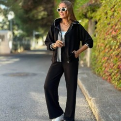 Kadın Uzun Kollu Kapşonlu Onu şerit Detaylı Fermuarlı Viskon Iki Iplik Bluz Ve Pantolon Ikili Takım, 28795