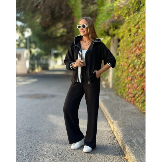 Kadın Uzun Kollu Kapşonlu Onu şerit Detaylı Fermuarlı Viskon Iki Iplik Bluz Ve Pantolon Ikili Takım, 28795