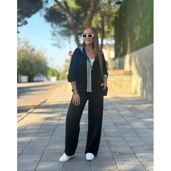 Kadın Uzun Kollu Kapşonlu Onu şerit Detaylı Fermuarlı Viskon Iki Iplik Bluz Ve Pantolon Ikili Takım, 28795