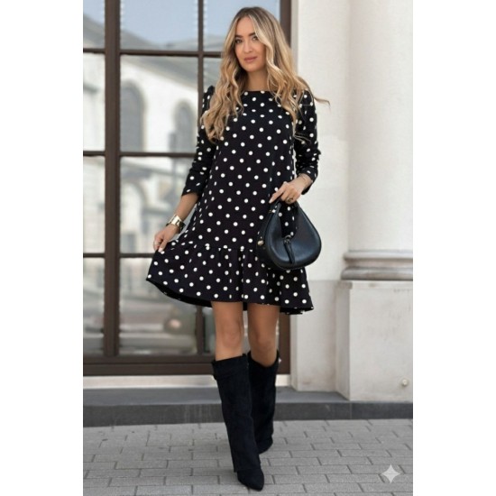 Kadın Uzun Kollu Bisiklet Yaka Fırfırlı Puantiyeli Kısa Modal Elbise, 28791 Kadın Uzun Kollu Bisiklet Yaka Fırfırlı Puantiyeli Kısa Modal Elbise, 28791