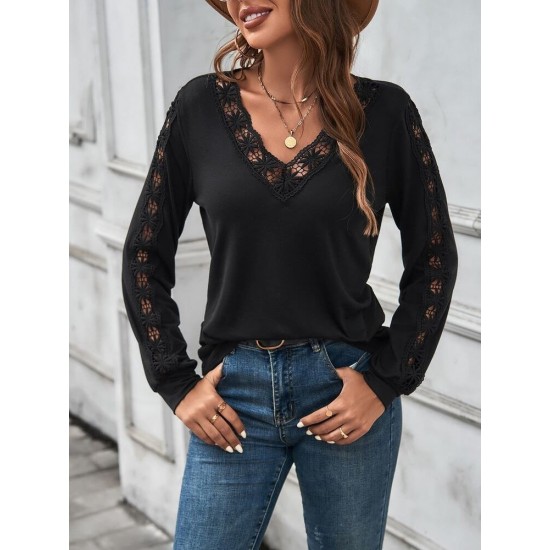 Kadın Uzun Kollu V Yakalı Dantel Detaylı Viskon Bluz, 28808