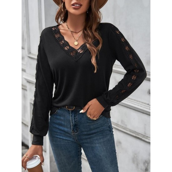 Kadın Uzun Kollu V Yakalı Dantel Detaylı Viskon Bluz, 28808