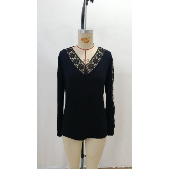 Kadın Uzun Kollu V Yakalı Dantel Detaylı Viskon Bluz, 28808